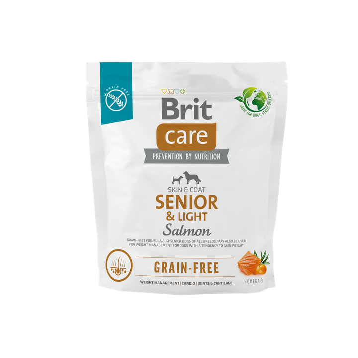 Brit Care Dog Grain-free Senior and Light - пълноценна храна за застаряващи кучета от всички породи със сьомга