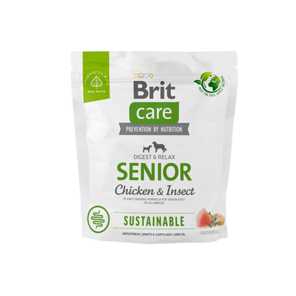 Brit Care Dog Sustainable Senior - пълноценна храна за застаряващи кучета с пилешко месо и насекоми 12 кг