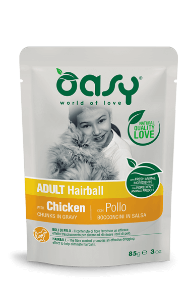 Oasy Chunks in Gravy Hairball Chicken - пауч за възрастни котки против топки косми с пилешко месо 85 гр.