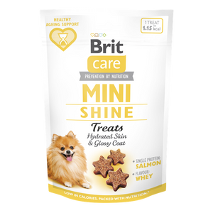 Brit Care Dog Mini Treats Shine - лакомство за кожа и козина със сьомга и суровватка 50 гр