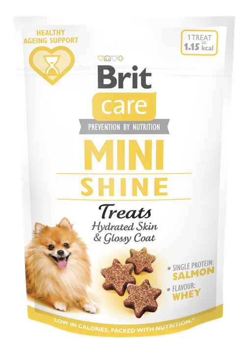 Brit Care Dog Mini Treats Shine - лакомство за кожа и козина със сьомга и суровватка 50 гр