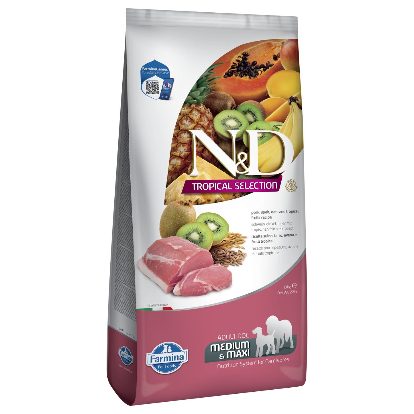 N&D DOG TROPICAL SELECTION PORK ADULT MED/MAX - суха храна за кучета над 1 година от средните и едри породи, със свинско, спелта, овес и тропически плодове 10 кг.