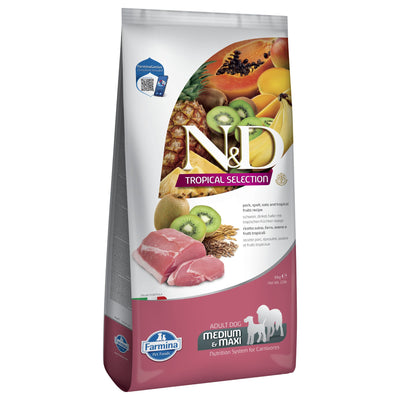 N&D DOG TROPICAL SELECTION PORK ADULT MED/MAX - суха храна за кучета над 1 година от средните и едри породи, със свинско, спелта, овес и тропически плодове 10 кг.