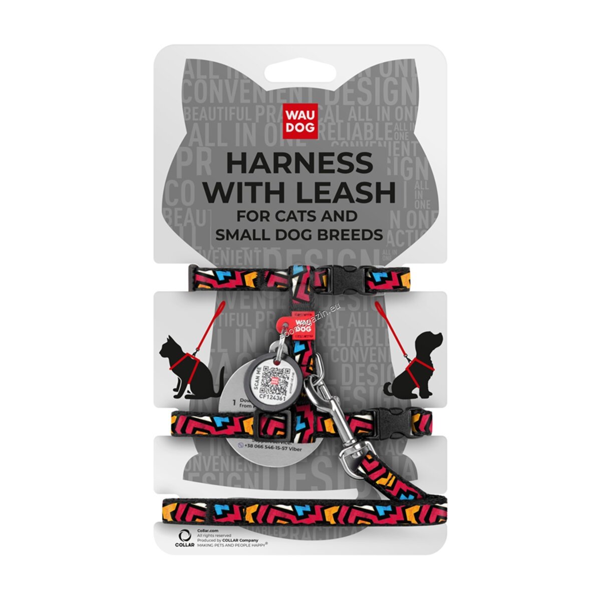 Waudog Harness with Lead Graffiti XS - нагръдник с повод за котка с QR код за сигурност 25 / 40 см / 10 мм