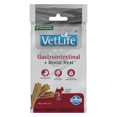 Vet Life Dog Dental Treat Gastro Intestinal Mini - лесно смилаеми лакомства за подкрепа на стомашно-чревния тракт за кучета от дребни породи с артишок и резене 60 гр
