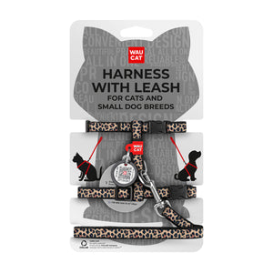 WAUCAT Nylon H-Harness with Lead QR Leopard XS - нагръдник с повод с QR таг 10 мм / 25-40 см