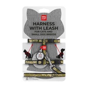 WAUCAT Nylon Cat H-Harness with Lead QR Military XS - нагръдник с повод за котки с QR таг 10 мм / 25-40 см / 122 см