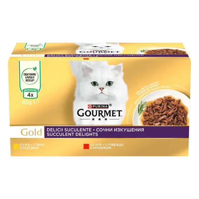 Gourmet Gold Succulent Delights - консерви за котки с говеждо и пилешко месо 4 х 85 гр