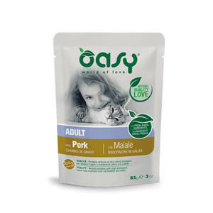 Oasy Chunks in Gravy Adult Pork - пауч за възрастни котки със свинско месо 85 гр.