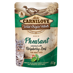 Carnilove cat pouch rich in Pheasant enriched with Raspberry Leaves - пауч за възрастни котки с фазан и малинови листа 85 гр