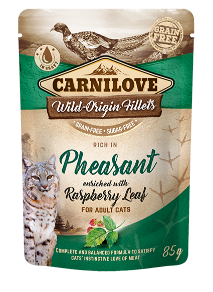 Carnilove cat pouch rich in Pheasant enriched with Raspberry Leaves - пауч за възрастни котки с фазан и малинови листа 85 гр