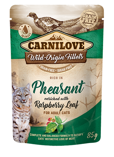 Carnilove cat pouch rich in Pheasant enriched with Raspberry Leaves - пауч за възрастни котки с фазан и малинови листа 85 гр