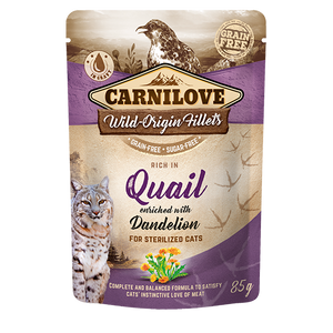 Carnilove cat pouch rich in Quail enriched with Dandelion for sterilized - пауч за кастрирани, възрастни котки с пъдпъдък и глухарче 85 гр
