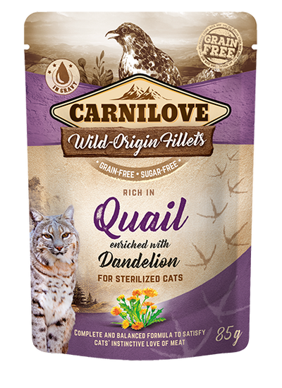 Carnilove cat pouch rich in Quail enriched with Dandelion for sterilized - пауч за кастрирани, възрастни котки с пъдпъдък и глухарче 85 гр