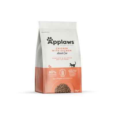 Applaws Adult Chicken with Extra Salmon - пълноценна храна с пилешко месо и сьомга, за котки над 12 месечна възраст 7.5 кг.
