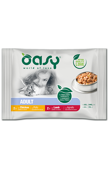 Oasy Wet Cat Bocconcini MultiPack ADULT MEAT SELECTION - пакет месни паучове за възрастни котки 4X85 гр.