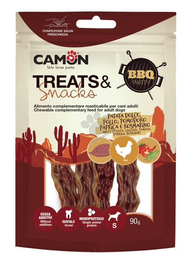 Camon BBQ Party Sweet potato bacon with chicken - лакомство за кучета с пилешко месо и сладък картоф 90 гр