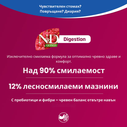 N&D Quinoa Digestion Lamb – пълноценна храна с киноа за котки над една година, с високо смилаема формула за здравето на стомаха с агнешко, копър и мента 1.5 кг.