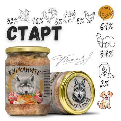 Бурканите Старт - стерилизирана храна за подрастващи кучета с говеждо, пуешко, свинско, пилешко и зеленчуци 500 гр
