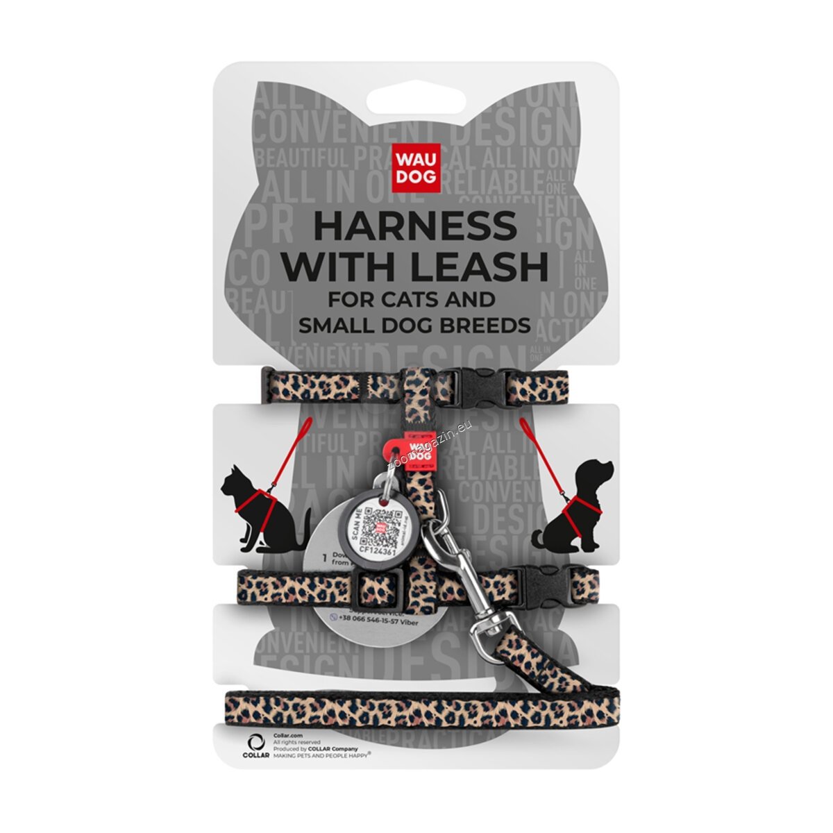 Waudog Harness with Lead Leopard XS - нагръдник с повод за котка с QR код за сигурност 25 / 40 см / 10 мм