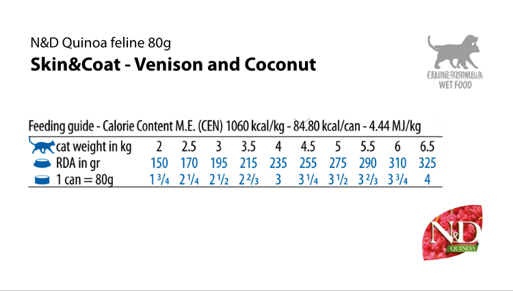 N&D Quinoa Cat Adult Skin & Coat Venison & Coconut - пълноценна мокра храна за котки в зряла възраст с киноа за здрава кожа за козина с еленско и кокос 80 гр.