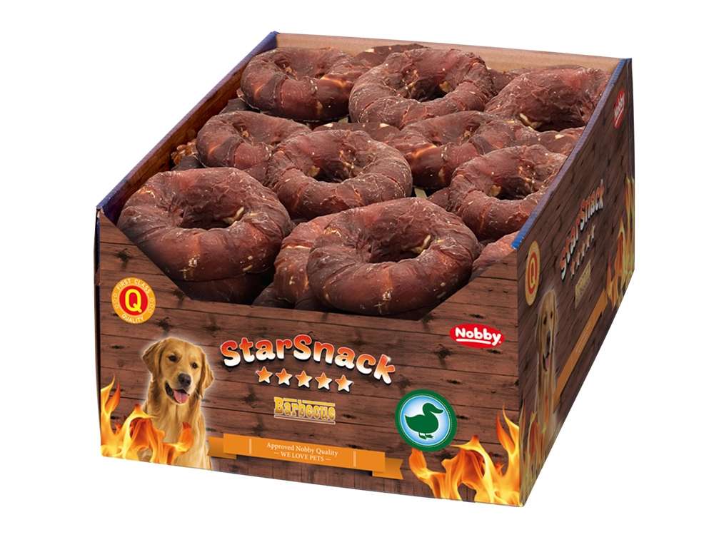 Nobby StarSnack Barbecue Duck Donut - поничка от пресована кожа с патешко месо, кутия, 10 см, 30 бр