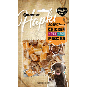 Flamingo Snacks Hapki Chunks with Chicken, Duck and Salmon - лакомство за куче с пилешко, патешко и сьомга 85 гр