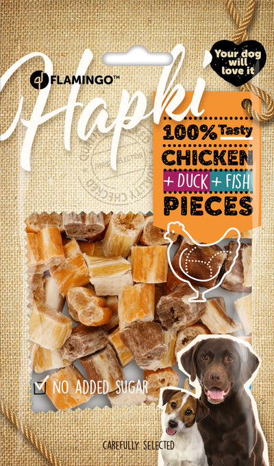 Flamingo Snacks Hapki Chunks with Chicken, Duck and Salmon - лакомство за куче с пилешко, патешко и сьомга 85 гр