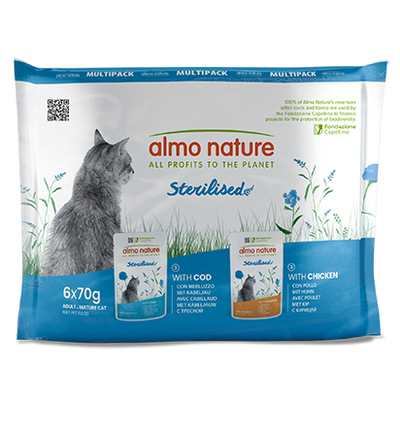 Almo Nature Functional Holistix Sterilised Multipack with Cod and Chicken - мултиопаковка паучове за котка с треска и пилешко месо 6 х 70 гр