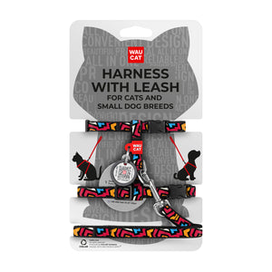 WAUCAT Nylon Cat H-Harness with Lead QR Graffiti XS - нагръдник с повод за котки с QR таг 10 мм / 25-40 см