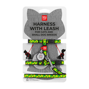 WAUCAT Nylon Cat H-Harness with Lead QR Avocado - нагръдник с повод за котки с QR таг 10 мм / 25-40 см