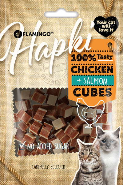 Flamingo Hapki Chicken and Salmon Cubes - лакомства за котка с пилешко и сьомга 50 гр