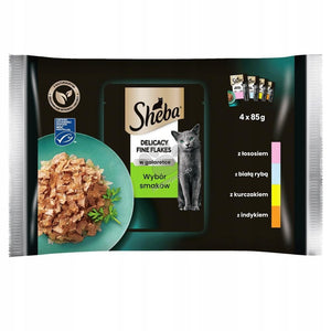 Sheba Delicacy Fine Flakes - паучове за котки с пилешко, пуешко, сьомга и бяла риба 4 х 85 гр