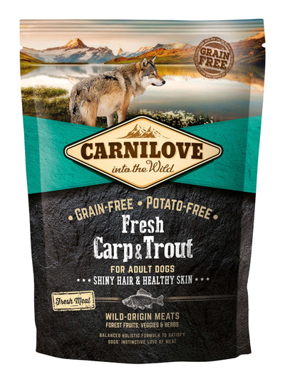 РАЗПРОДАЖБА Carnilove Fresh Carp & Trout Shiny Hair & Healthy Skin for Adult dogs - супер премиум храна с шаран и пъстърва