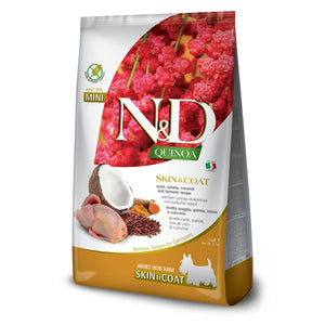 N&D Quinoa Skin & Coat Mini Quail Coconut – пълноценна храна с киноа за кучета над 1г. за дребни породи при чувствителен стомах с пъдпъдък. кокос и куркума