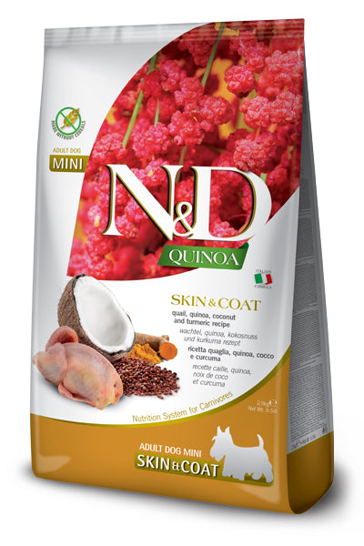 N&D Quinoa Skin & Coat Mini Quail Coconut – пълноценна храна с киноа за кучета над 1г. за дребни породи при чувствителен стомах с пъдпъдък. кокос и куркума