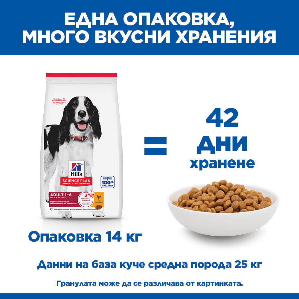 Hills Science Plan Medium Adult – с пилешко, пълноценна храна за кучета от средни породи 10-25 кг, с умерени енергийни нужди, 1 - 6 г