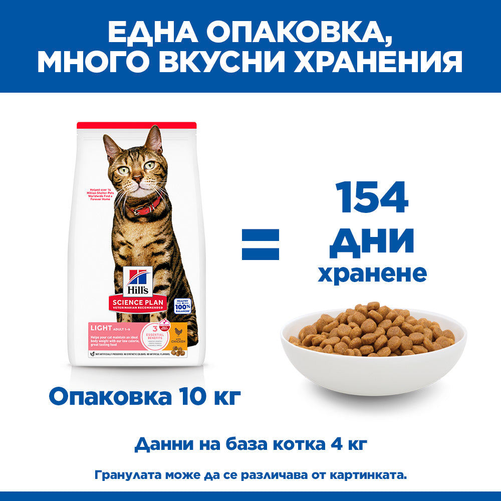 Hills Science Plan Light Adult - с пилешко месо, за котки над 1 година, склонни към натрупване на наднормено тегло
