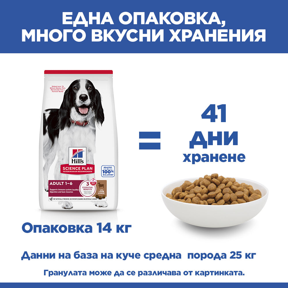 Hills Science Plan Canine Medium Adult - с агнешко, пълноценна суха храна за кучета от средни породи с умерени енергийни нужди, 1-7 г