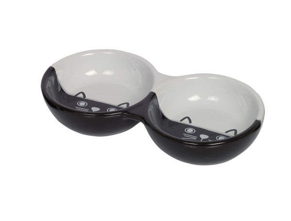 Nobby Cat ceramic double bowl Face - керамична двойна купа 22 х 11,5 х 3,5см - 2 х 130 мл