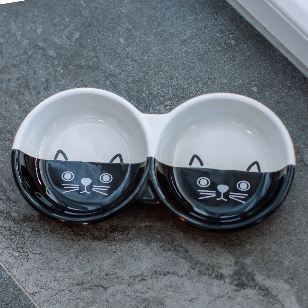 Nobby Cat ceramic double bowl Face - керамична двойна купа 22 х 11,5 х 3,5см - 2 х 130 мл