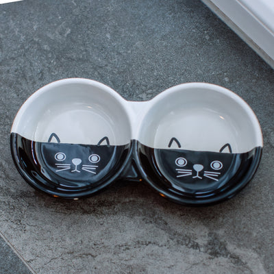 Nobby Cat ceramic double bowl Face - керамична двойна купа 22 х 11,5 х 3,5см - 2 х 130 мл