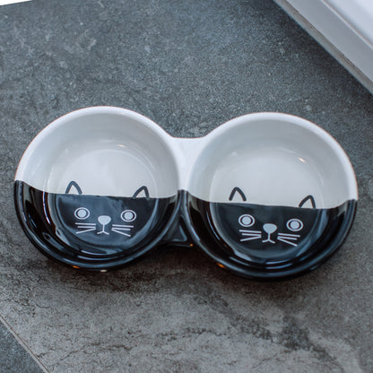 Nobby Cat ceramic double bowl Face - керамична двойна купа 22 х 11,5 х 3,5см - 2 х 130 мл