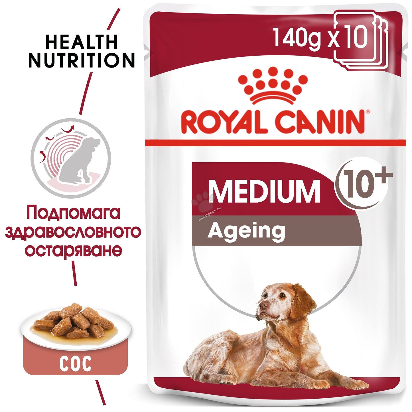 РАЗПРОДАЖБА Royal Canin Medium Ageing Pouch - пълноценна храна за кучета в напреднала възраст от средни породи (от 11 до 25 кг) над 10 години 140 гр