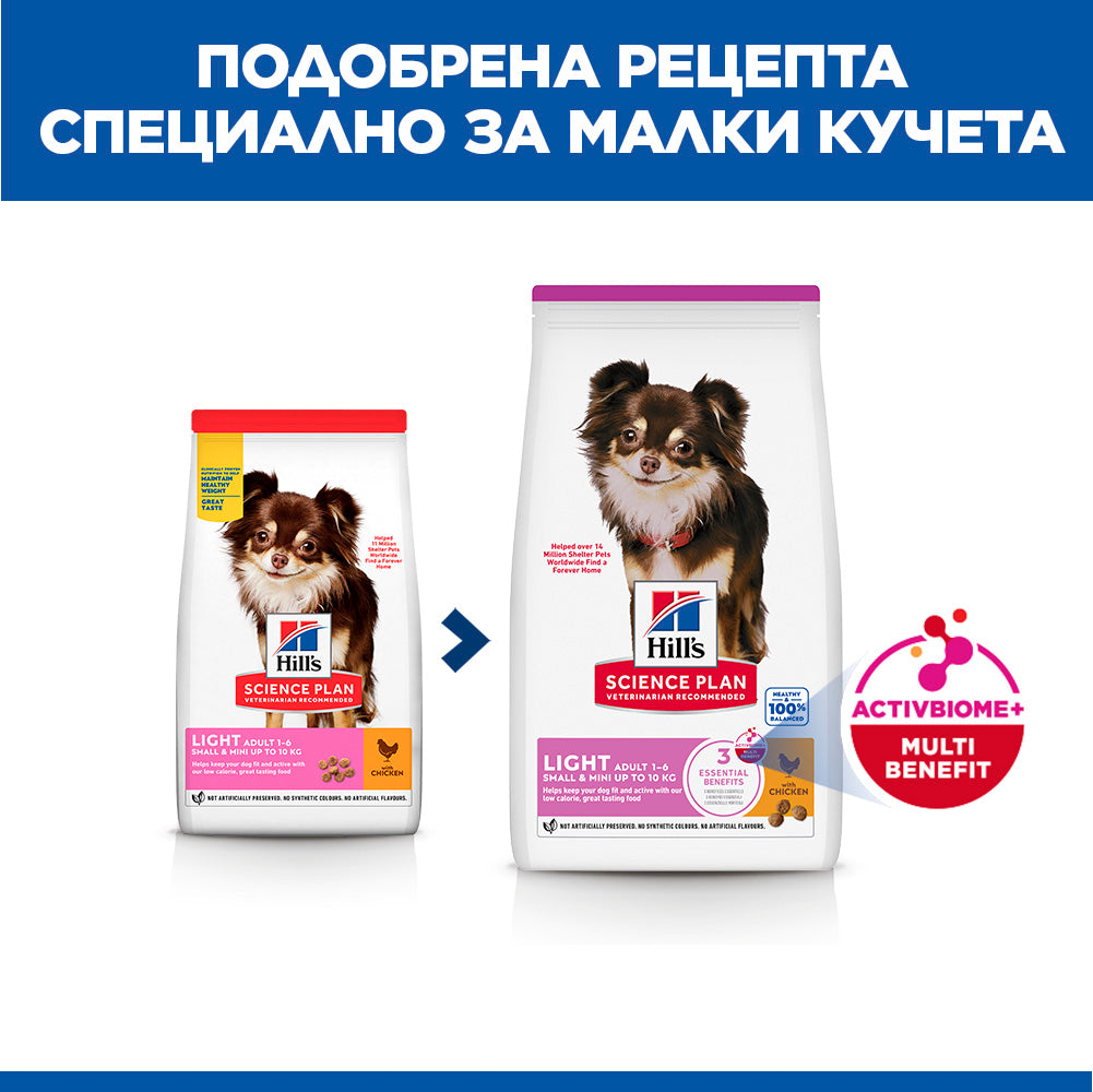 Hills Science Plan Light Small&Mini - пълноценна суха храна с пилешко за по-слабо активни кучета в зряла възраст от малките породи 1,5 кг