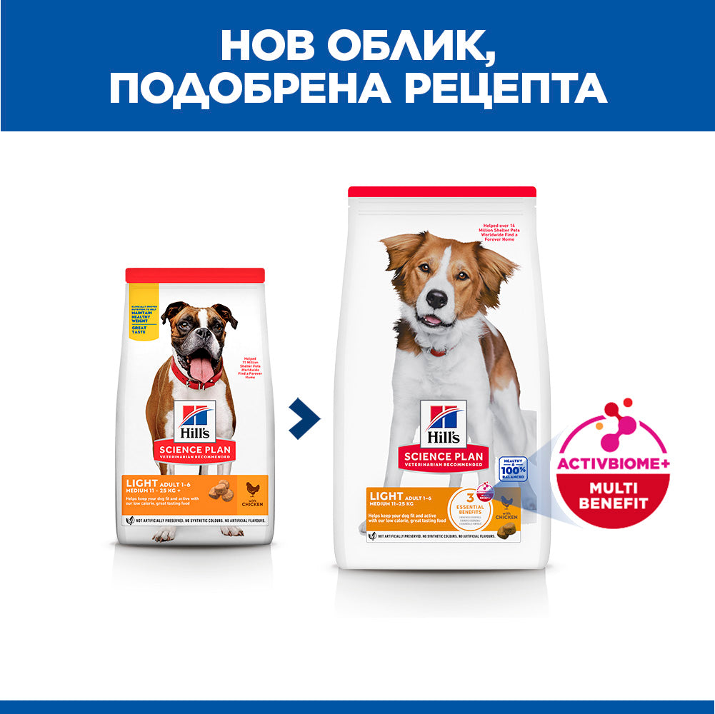 Hills Science Plan Canine Adult Light – с пилешко, пълноценна суха храна за кучета от дребни и средни породи, склонни към наднормено тегло, на възраст над 1г. 12+2 кг.