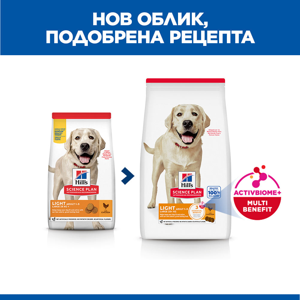 Hills Science Plan Canine Adult Light Lаrge Breed - с пилешко, пълноценна суха храна за кучета от едри породи над 25кг, с понижени енергийни нужди, на възраст от 1 до 5 години 12+2 кг.