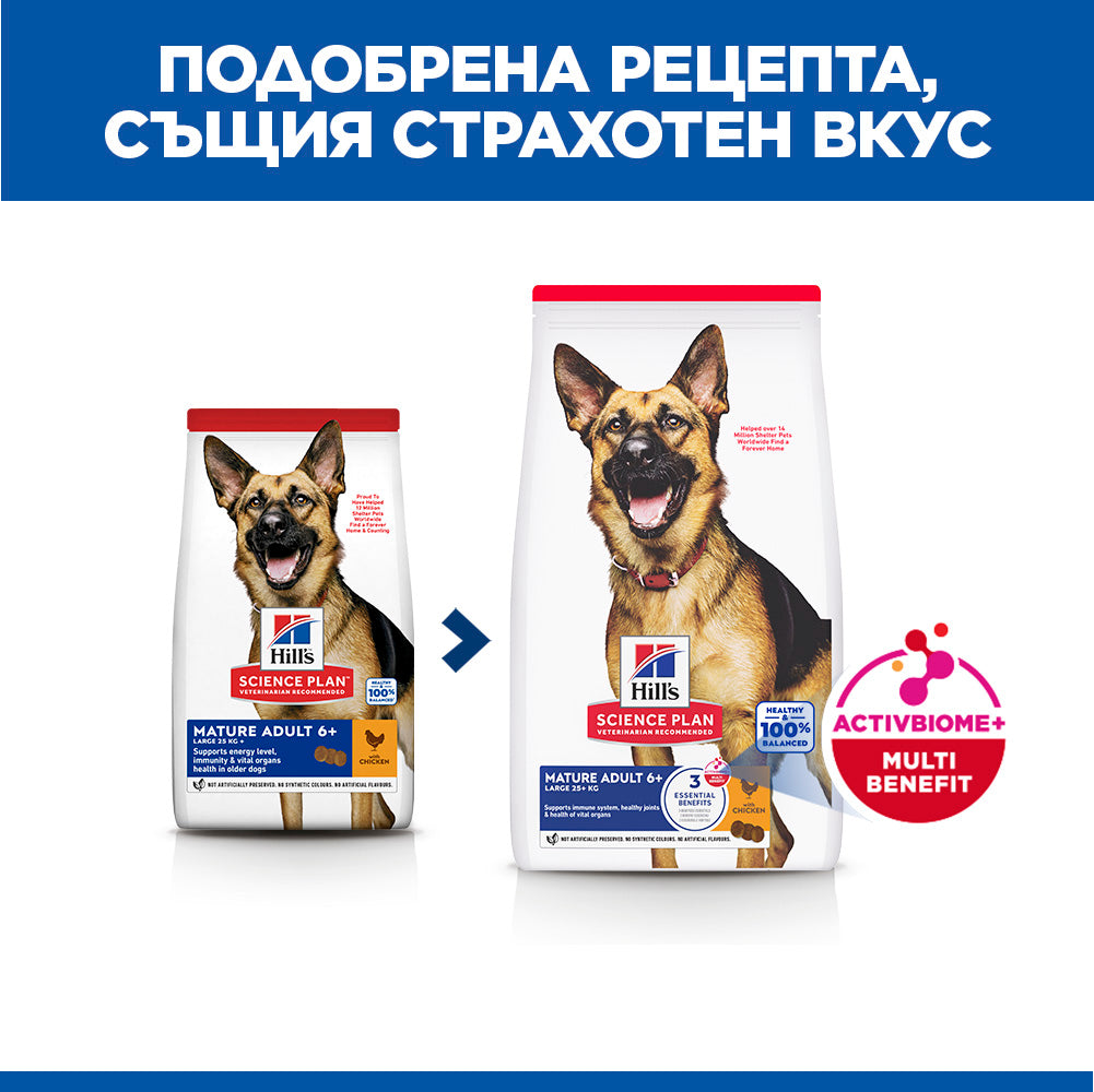 Hills Science Plan Canine Mature Adult Large Breed – с пилешко, пълноценна суха храна за кучета от едри и гигантски породи в напреднала възраст (над 25 кг, над 5г.) 12+2 кг.