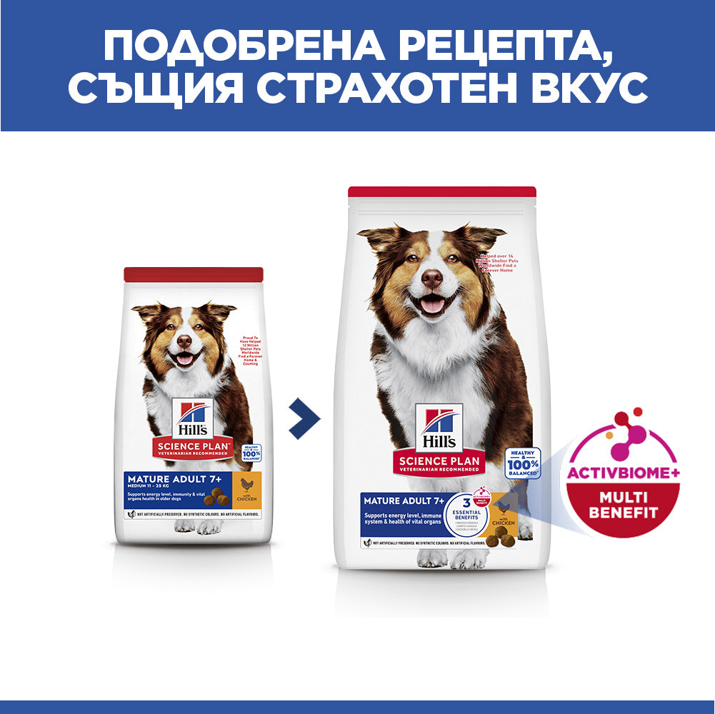 Hills Science Plan Canine Mature Adult Medium – с пилешко, пълноценна суха храна за кучета от средни породи до 25 кг, над 7г. 12+2 кг.