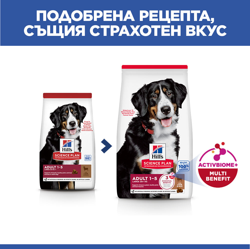 Hills Science Plan Large Breed Adult – с агнешко, пълноценна храна за кучета от едри породи над 25 кг с умерени енергийни нужди, 1 - 6 г. 11+3 кг.